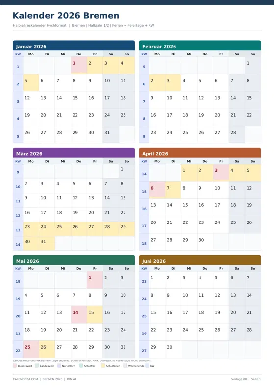 Kalender 2026 Bremen: Halbjahreskalender Hochformat