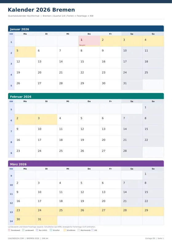 Kalender 2026 Bremen: Quartalskalender Hochformat