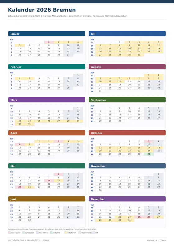 Kalender 2026 Bremen: Farbige Jahresübersicht Hochformat