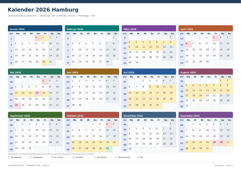 Kalender 2026 Hamburg: Jahreskalender Querformat