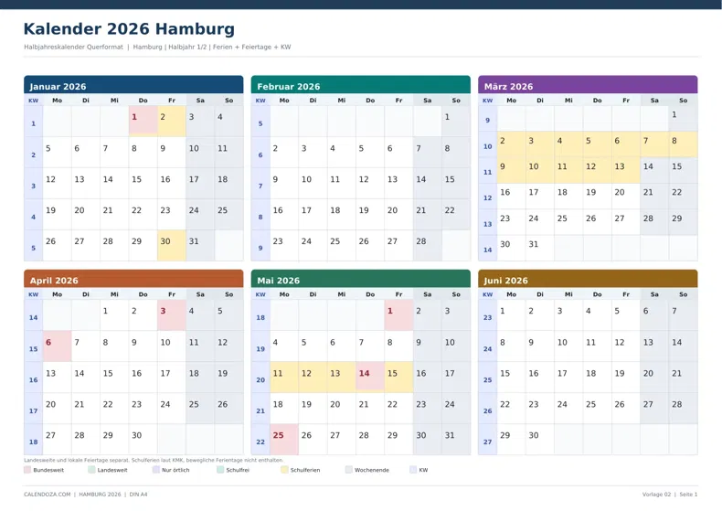 Kalender 2026 Hamburg: Halbjahreskalender Querformat