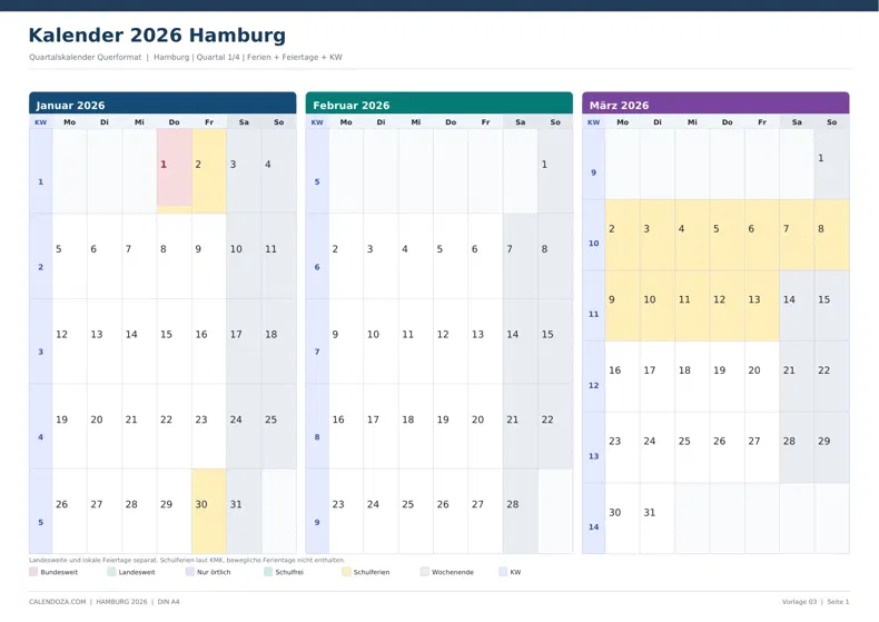 Kalender 2026 Hamburg: Quartalskalender Querformat