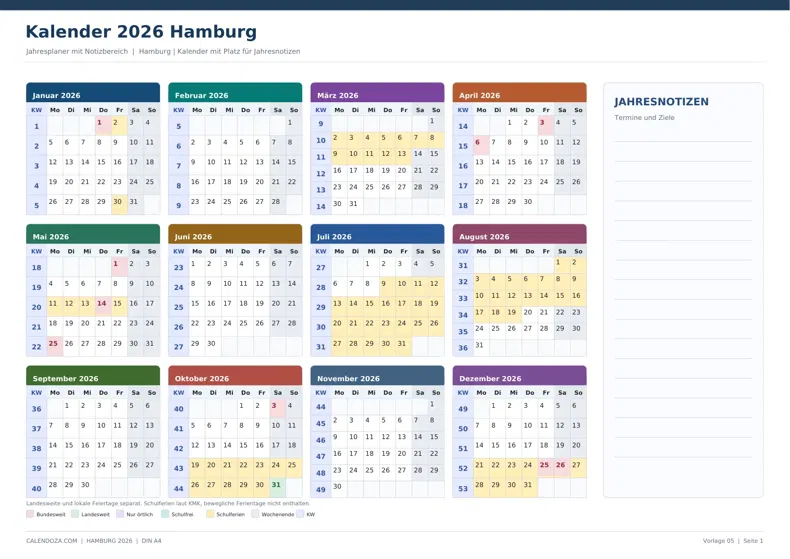 Kalender 2026 Hamburg: Jahresplaner mit Notizen