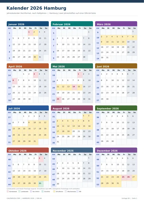 Kalender 2026 Hamburg: Jahreskalender Hochformat