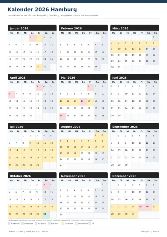 Kalender 2026 Hamburg: Jahreskalender Hochformat kompakt