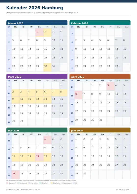 Kalender 2026 Hamburg: Halbjahreskalender Hochformat