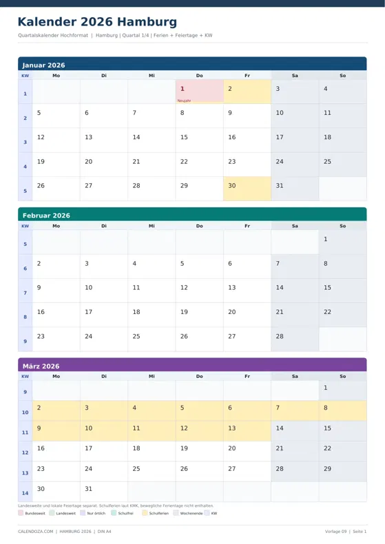 Kalender 2026 Hamburg: Quartalskalender Hochformat
