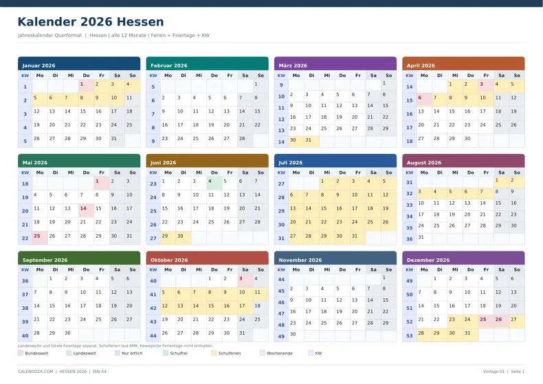 Kalender 2026 Hessen: Jahreskalender Querformat