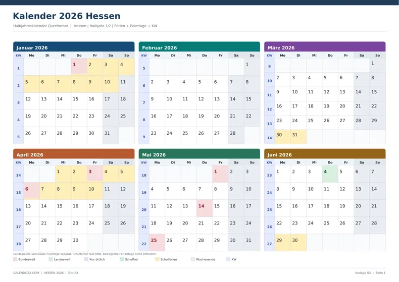 Kalender 2026 Hessen: Halbjahreskalender Querformat
