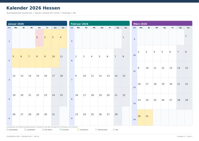Kalender 2026 Hessen: Quartalskalender Querformat