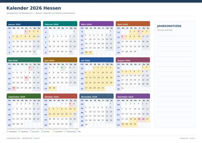 Kalender 2026 Hessen: Jahresplaner mit Notizen