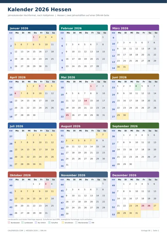 Kalender 2026 Hessen: Jahreskalender Hochformat