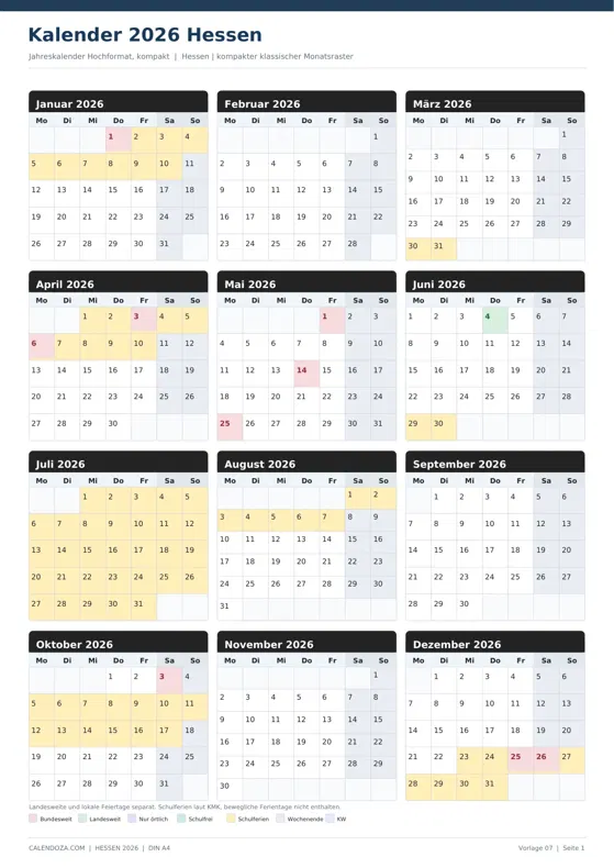 Kalender 2026 Hessen: Jahreskalender Hochformat kompakt