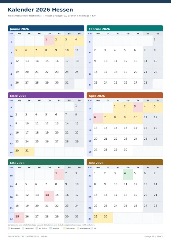 Kalender 2026 Hessen: Halbjahreskalender Hochformat