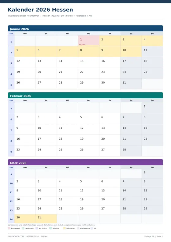 Kalender 2026 Hessen: Quartalskalender Hochformat