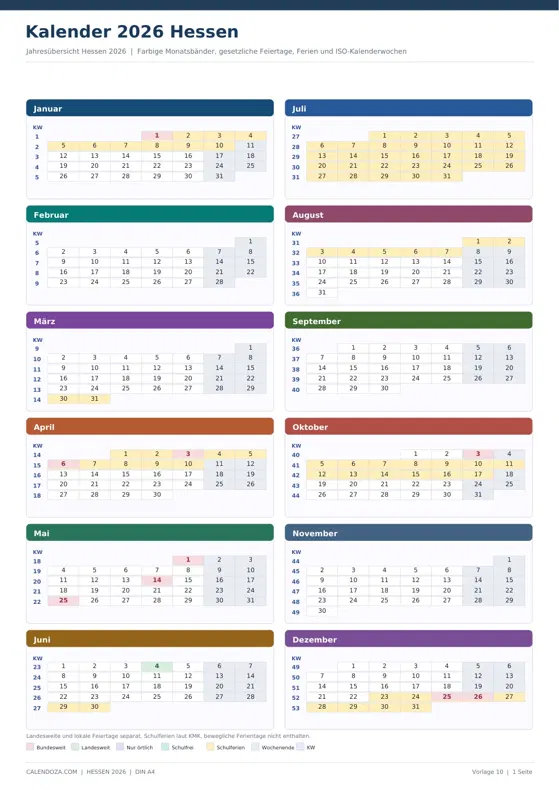 Kalender 2026 Hessen: Farbige Jahresübersicht Hochformat