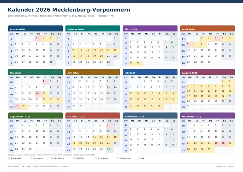Kalender 2026 Mecklenburg-Vorpommern: Jahreskalender Querformat