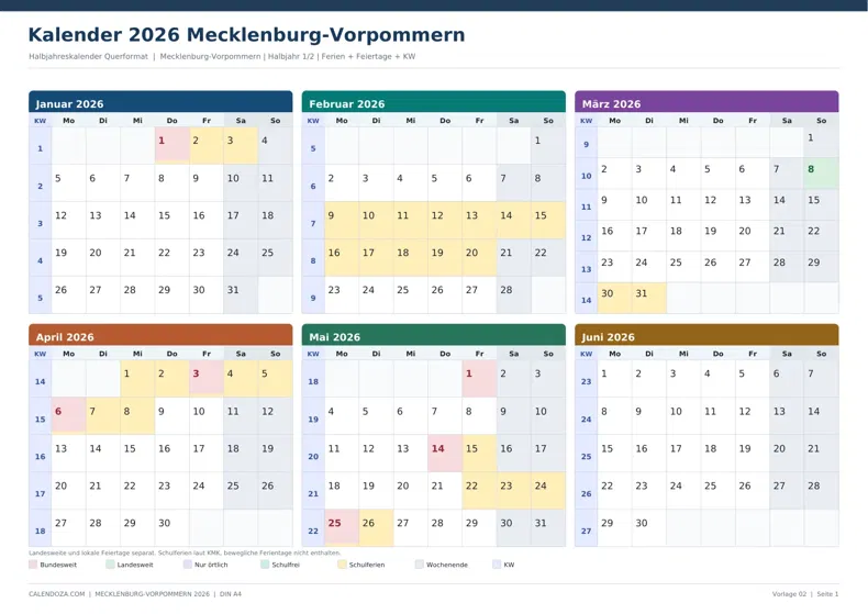 Kalender 2026 Mecklenburg-Vorpommern: Halbjahreskalender Querformat