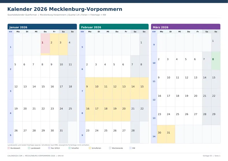 Kalender 2026 Mecklenburg-Vorpommern: Quartalskalender Querformat