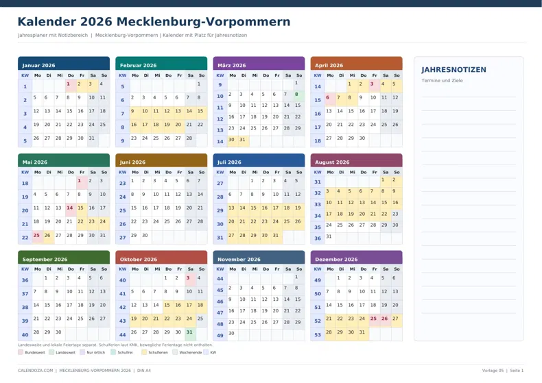 Kalender 2026 Mecklenburg-Vorpommern: Jahresplaner mit Notizen