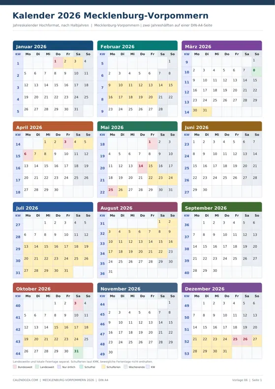 Kalender 2026 Mecklenburg-Vorpommern: Jahreskalender Hochformat