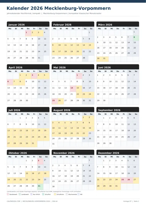 Kalender 2026 Mecklenburg-Vorpommern: Jahreskalender Hochformat kompakt