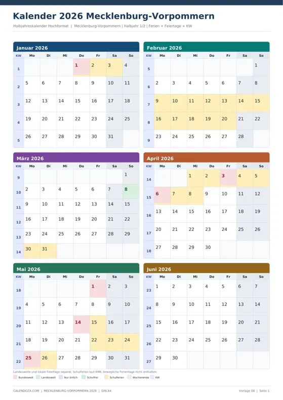 Kalender 2026 Mecklenburg-Vorpommern: Halbjahreskalender Hochformat
