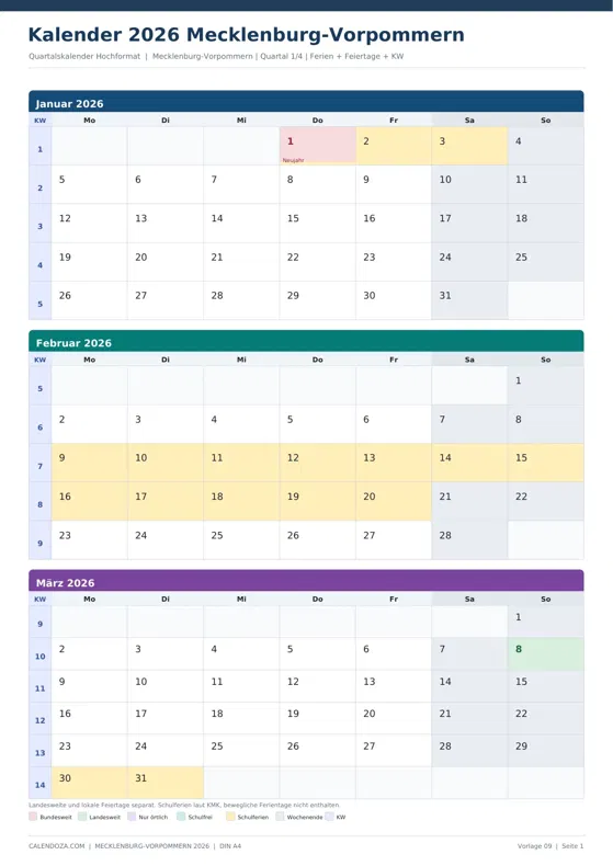 Kalender 2026 Mecklenburg-Vorpommern: Quartalskalender Hochformat