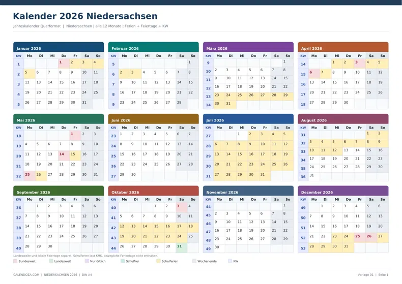 Kalender 2026 Niedersachsen: Jahreskalender Querformat