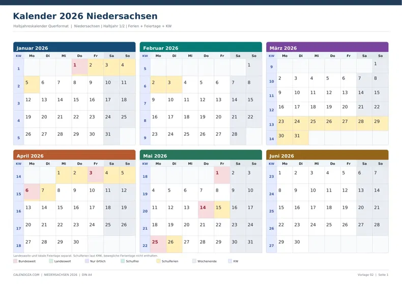 Kalender 2026 Niedersachsen: Halbjahreskalender Querformat