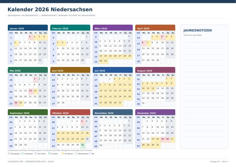 Kalender 2026 Niedersachsen: Jahresplaner mit Notizen