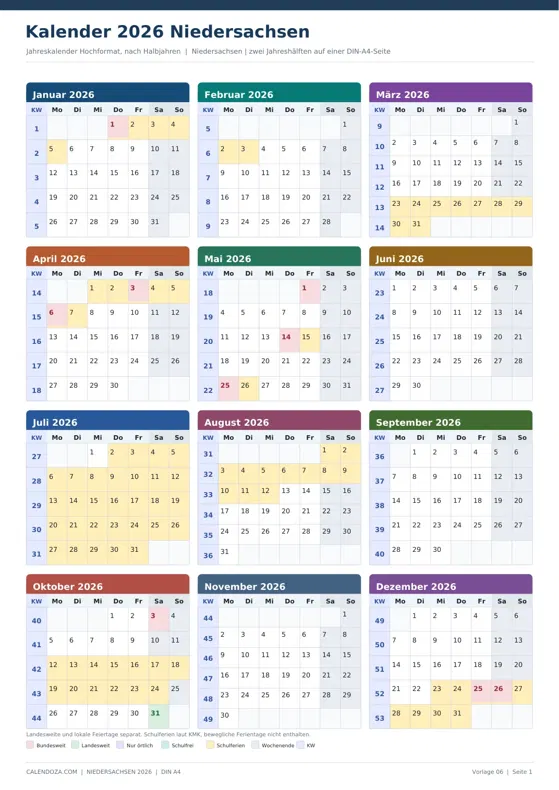 Kalender 2026 Niedersachsen: Jahreskalender Hochformat