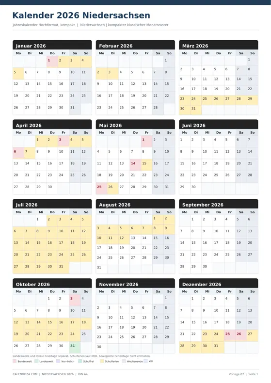Kalender 2026 Niedersachsen: Jahreskalender Hochformat kompakt