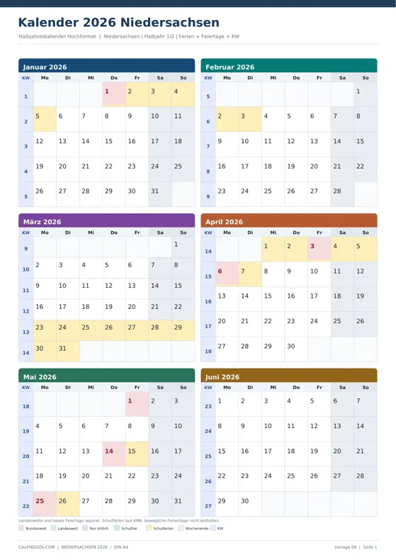 Kalender 2026 Niedersachsen: Halbjahreskalender Hochformat