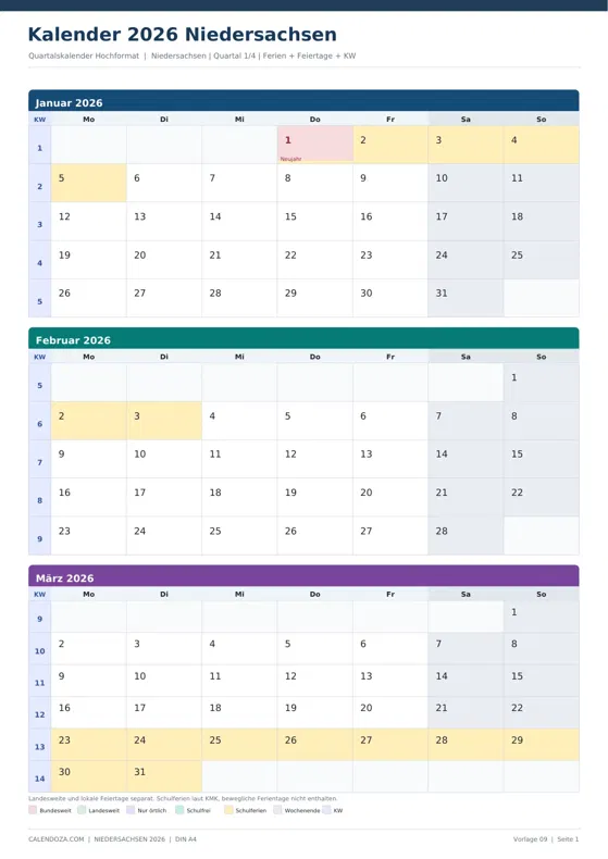 Kalender 2026 Niedersachsen: Quartalskalender Hochformat