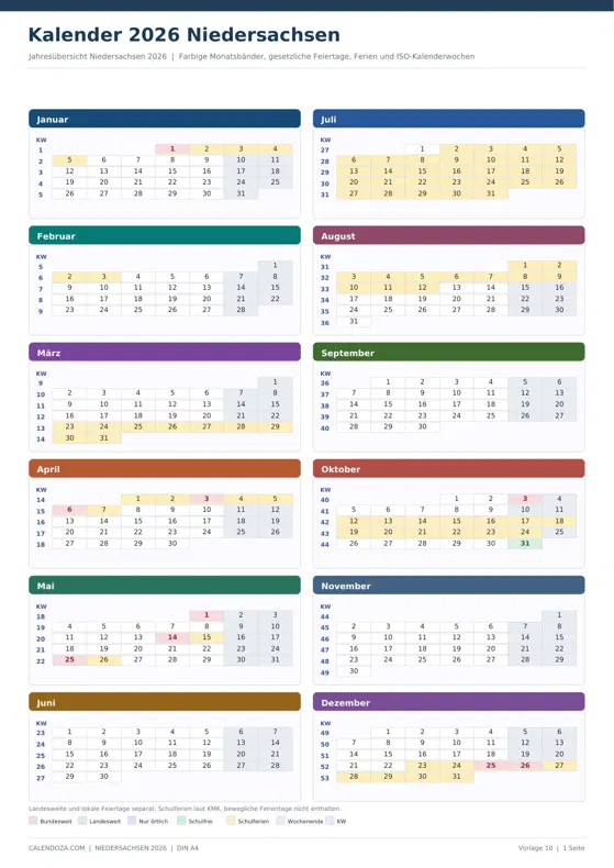 Kalender 2026 Niedersachsen: Farbige Jahresübersicht Hochformat