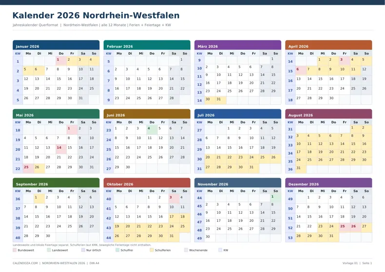 Kalender 2026 Nordrhein-Westfalen: Jahreskalender Querformat