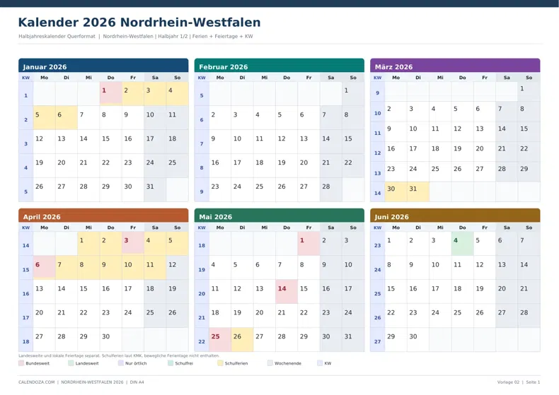 Kalender 2026 Nordrhein-Westfalen: Halbjahreskalender Querformat