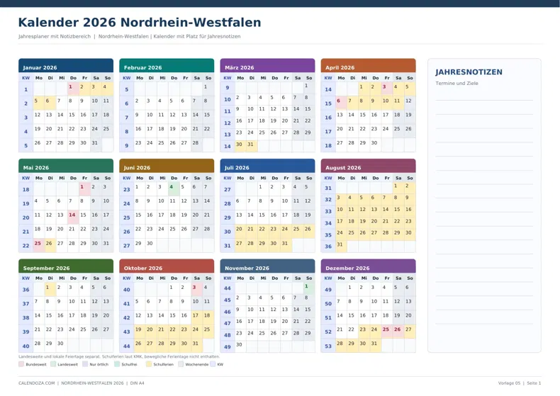 Kalender 2026 Nordrhein-Westfalen: Jahresplaner mit Notizen