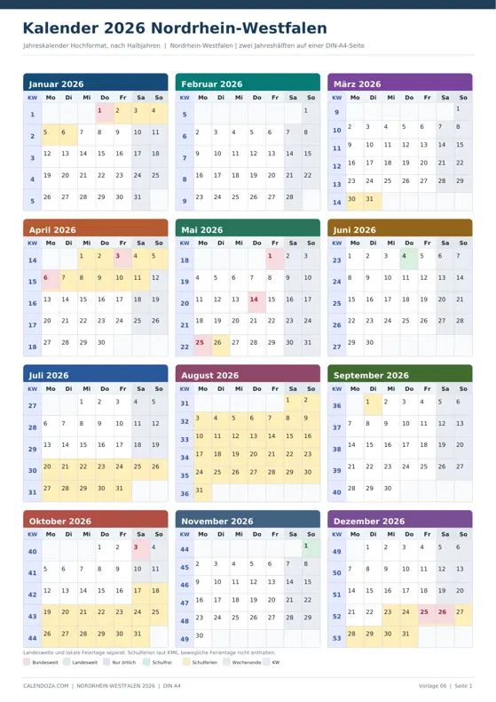 Kalender 2026 Nordrhein-Westfalen: Jahreskalender Hochformat