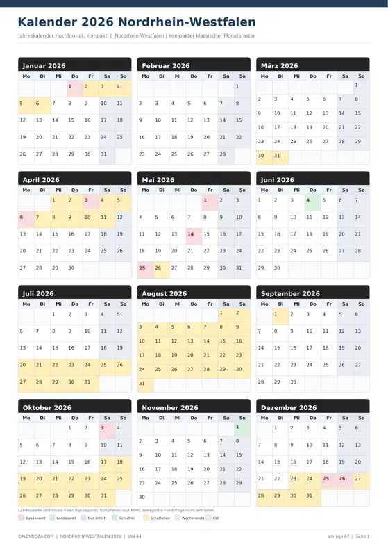 Kalender 2026 Nordrhein-Westfalen: Jahreskalender Hochformat kompakt