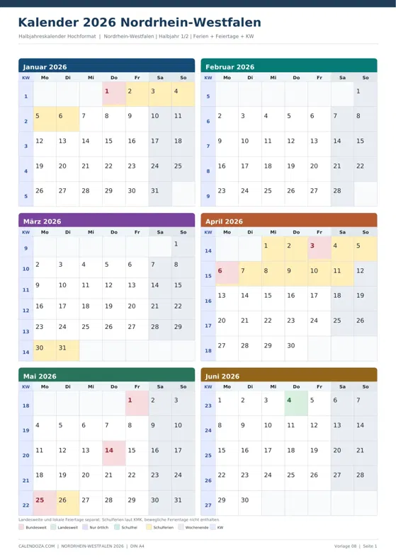 Kalender 2026 Nordrhein-Westfalen: Halbjahreskalender Hochformat