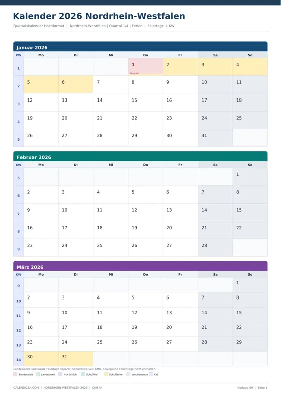 Kalender 2026 Nordrhein-Westfalen: Quartalskalender Hochformat