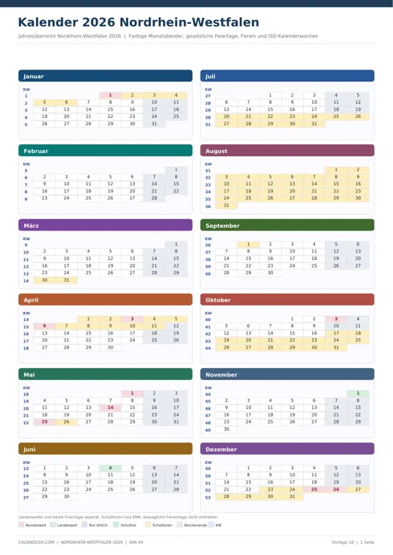 Kalender 2026 Nordrhein-Westfalen: Farbige Jahresübersicht Hochformat