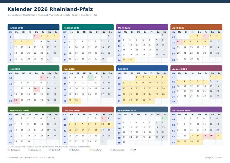 Kalender 2026 Rheinland-Pfalz: Jahreskalender Querformat