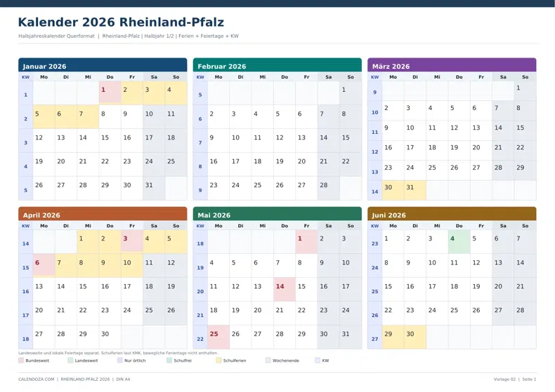 Kalender 2026 Rheinland-Pfalz: Halbjahreskalender Querformat