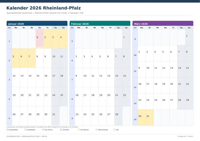 Kalender 2026 Rheinland-Pfalz: Quartalskalender Querformat