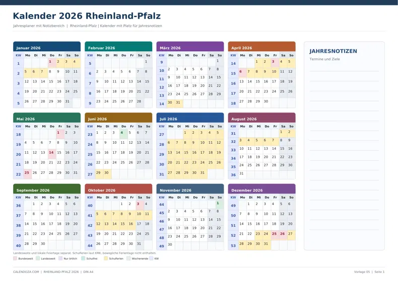 Kalender 2026 Rheinland-Pfalz: Jahresplaner mit Notizen
