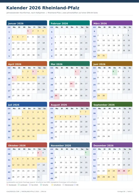 Kalender 2026 Rheinland-Pfalz: Jahreskalender Hochformat