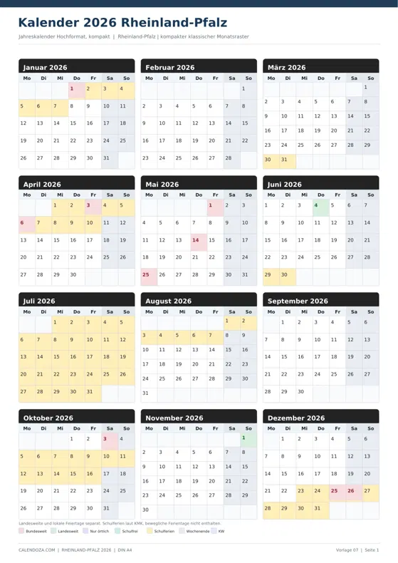 Kalender 2026 Rheinland-Pfalz: Jahreskalender Hochformat kompakt